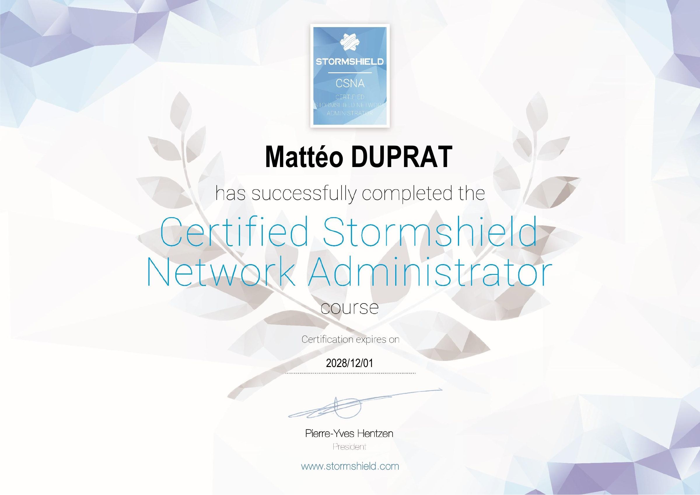 Certificate Certified Stormshield Network Administrator (CSNA), awarded to Mattéo Duprat by Stormshield